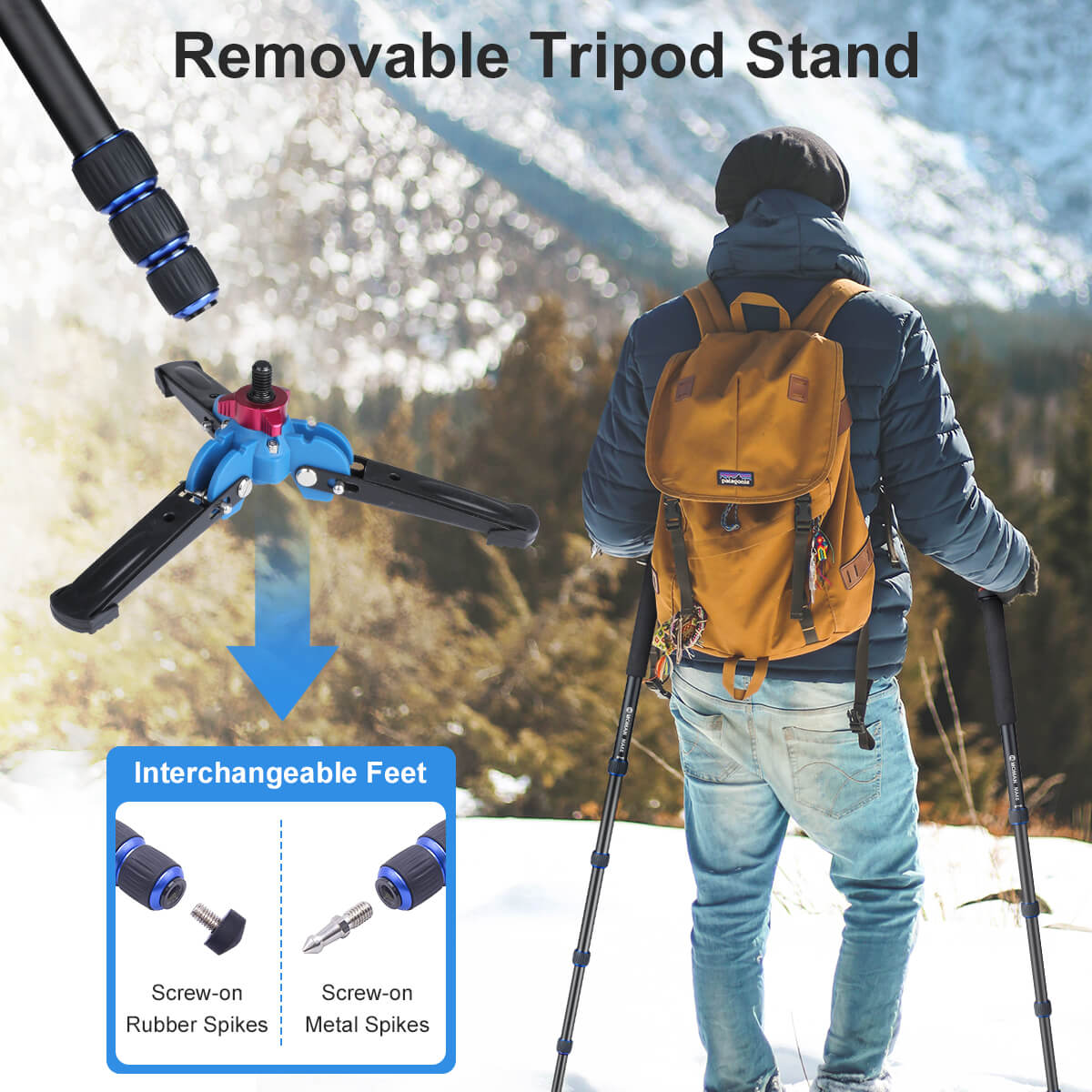 Moman MA65 is packed with a removable tripod stand for flexible use. It can change between travel monopod for photography and walking stick