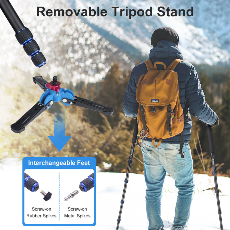 Moman MA65 is packed with a removable tripod stand for flexible use. It can change between travel monopod for photography and walking stick