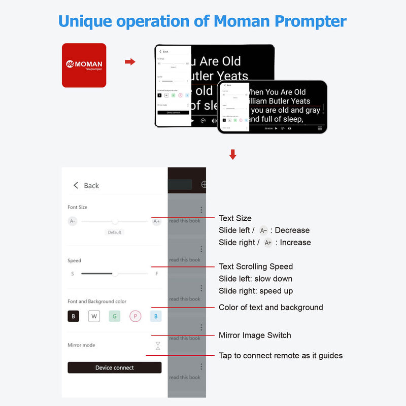 Moman FS1 supports operation by the customized free app of Moman Prompter, where you can edit text size and scrolling speed