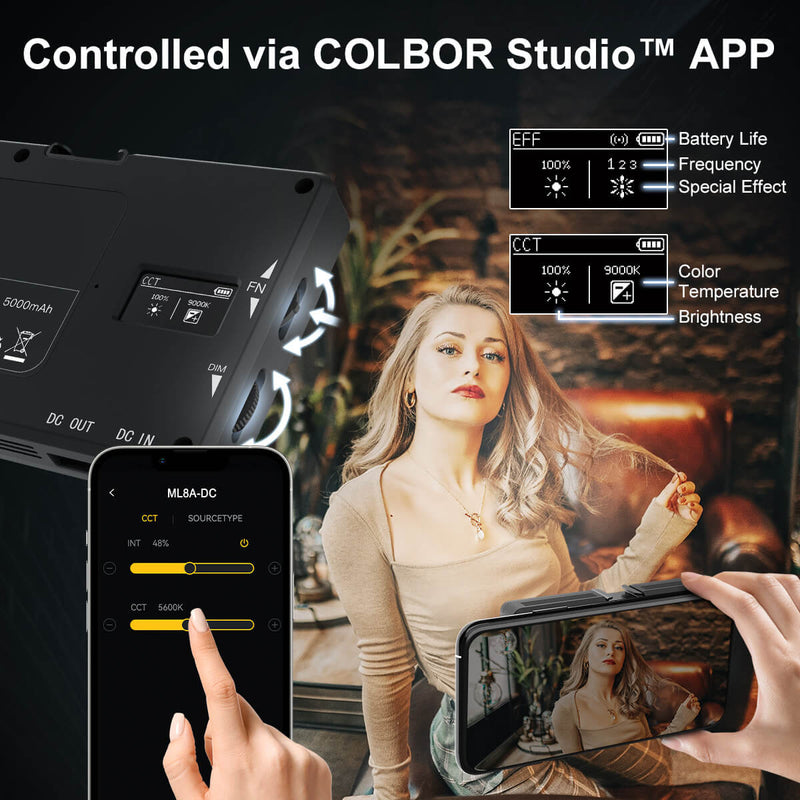The light color temperature, brightness or modes of Moman ML8A-RC can be remote controlled via COLBOR Studio™ APP 