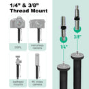 Moman C65L long monopod has 1/4" and 3/8" thread mount for devices like mirrorless cameras, ballheadmounts, 4k video camera