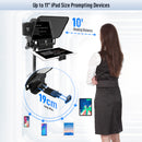 Desview T3 large screen teleprompter has a prompting clamp of a max length of 19cm. It can hold devices like phones or tablets firmly