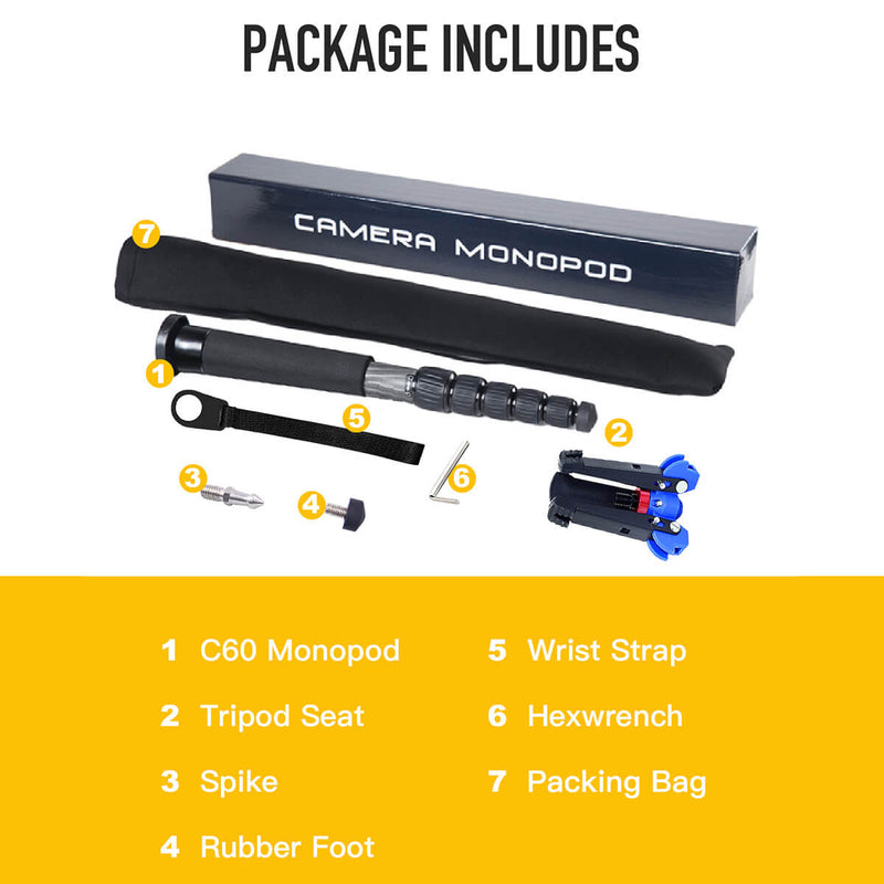 Moman C60's package includes the monopod, a tripod seat, a spike, a rubber foot, a wrist strap, a hexwrench, and a packing bag