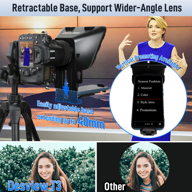 Desview T3 large teleprompter for wide angle lens is of a retractable base, which can be easily adjusted and extended up to 40mm