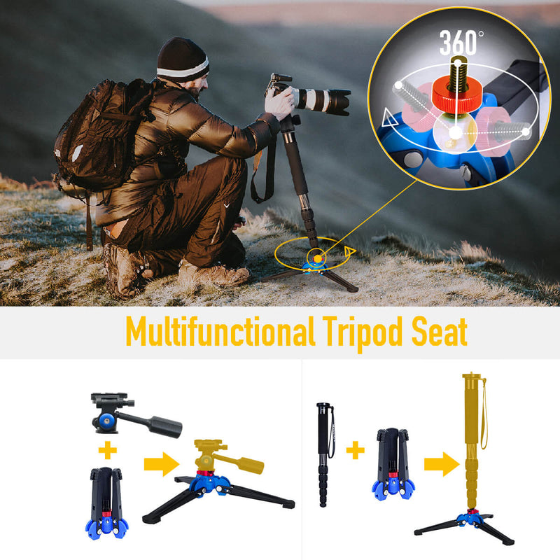 Moman C60 monopod is built with a multifunctional tripod seat, allowing 360° rotation for panoramic shooting