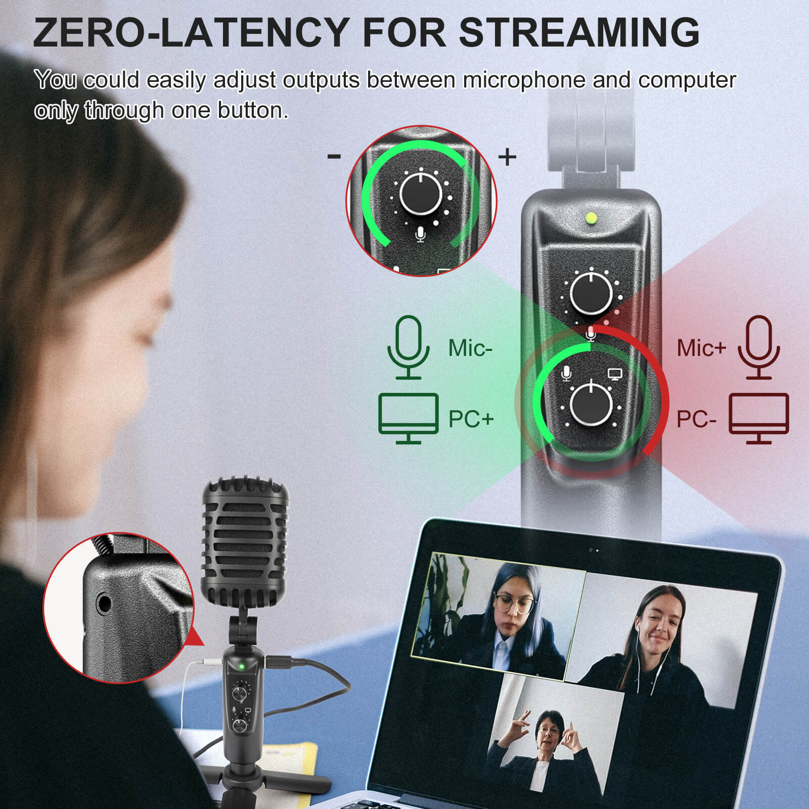 Moman EMR desktop microphone is of zero-latency for streaming, enables users to adjust outputs between mic and computer easily