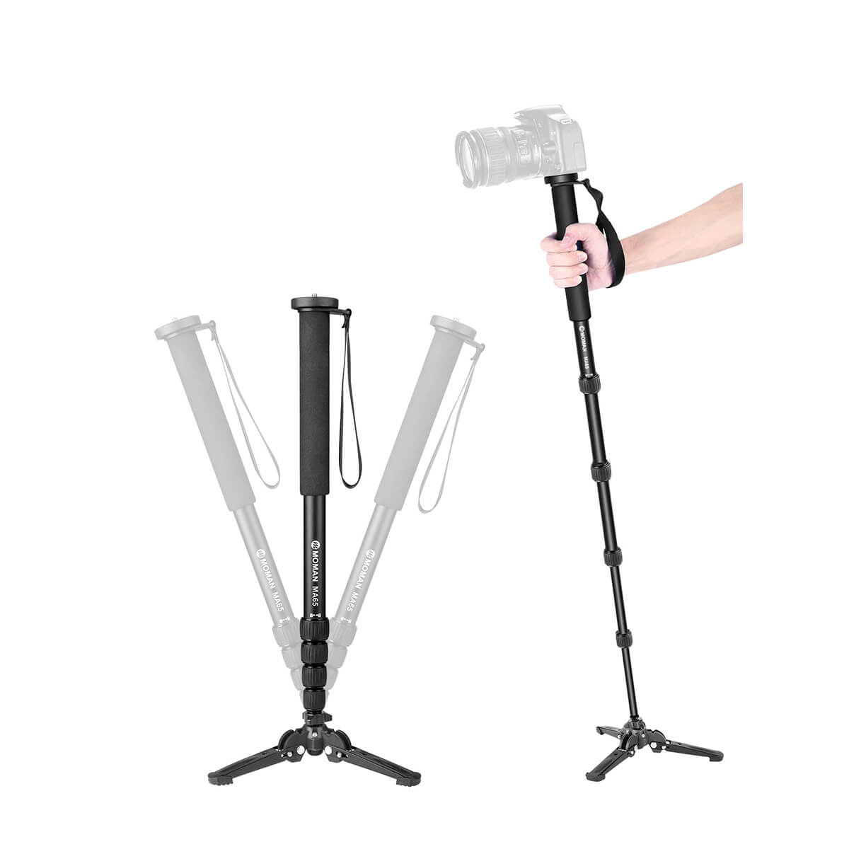 Moman MA65 monopod hiking stick can install kinds of photography devices like DSLR, GoPro, and more.