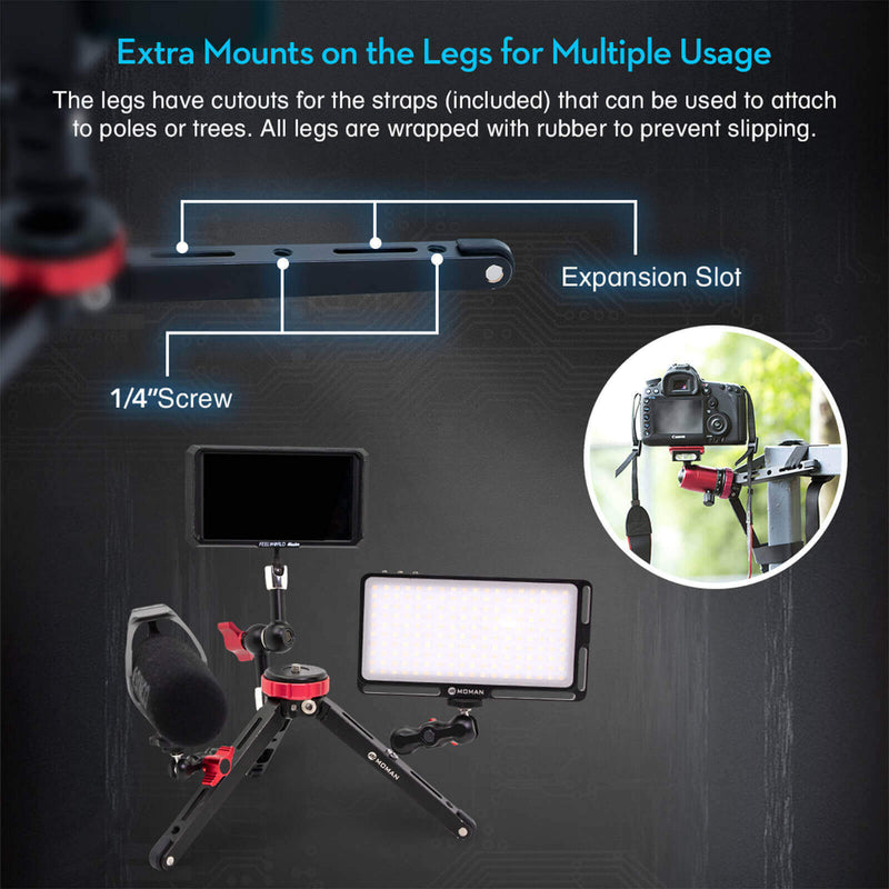 Moman TR01 with extra mounts on the legs for multiple usage including two 1/4" screws and two expansion slots for lights or mics