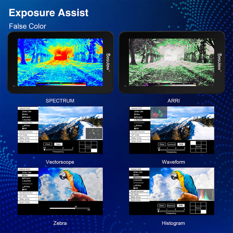 Desview R6 has types of monitor features for exposure assist, including Histogram, Zebra, Vectorscope, and more