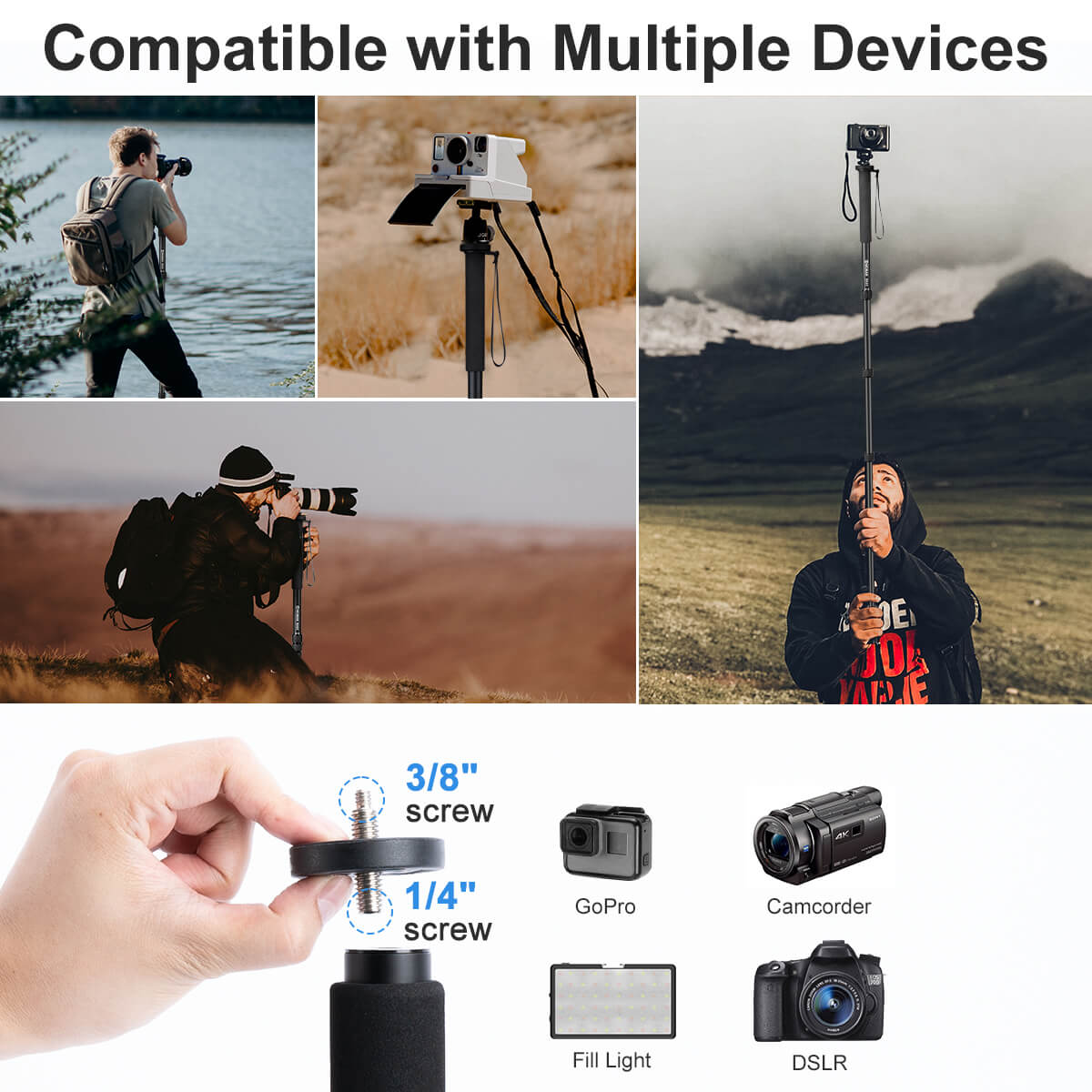 Moman MA65 hiking pole dslr monopod is compatible with multiple devices. Its 3/8
