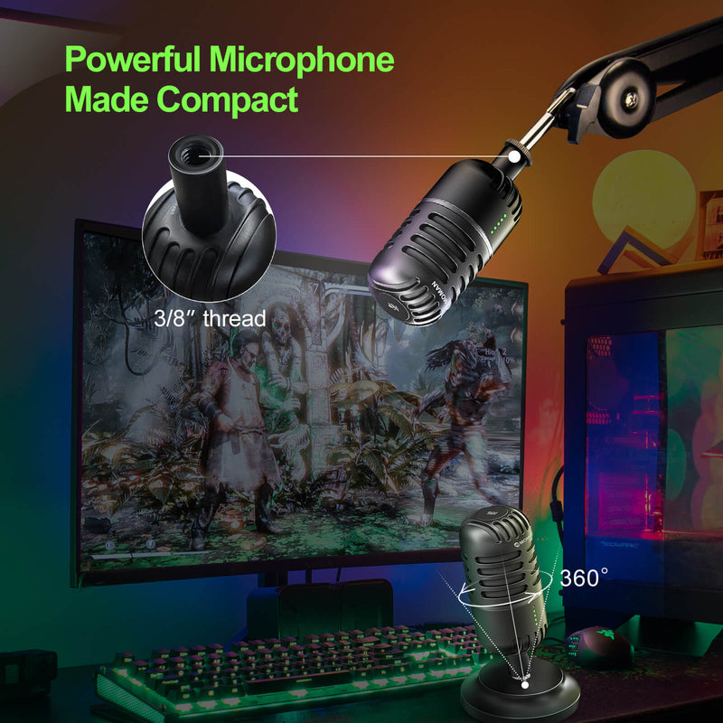 Moman EMP is a powerful microphone but made to be compact. It has a 3/8" thread and therefore capable of 360° adjustment