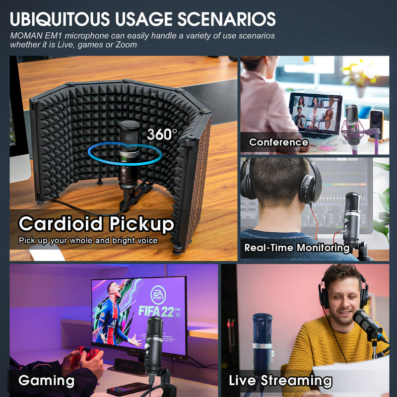 Moman EM1 PC microphone with ubiquitous usage scenarios like conferencing, gaming, live streaming, etc.