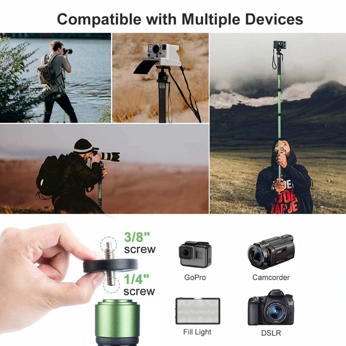 Monopod tripod stand Moman MA66 can be utilized with multiple devices, such as digital camera, instax, GoPro, fill light, camcorder, etc.