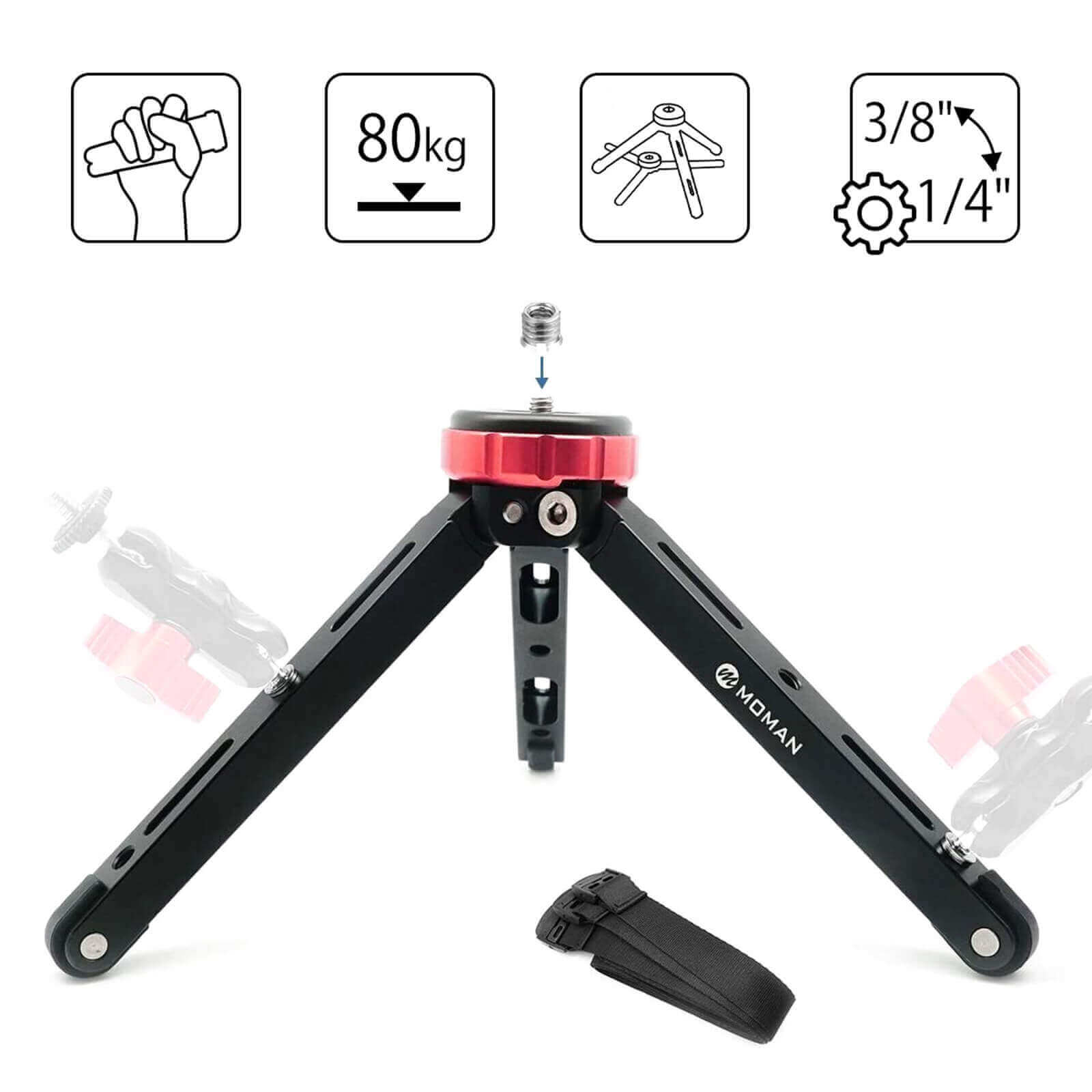 Moman TR1 mini tripod features anti-slip design for better holding and a max payload of 80kg