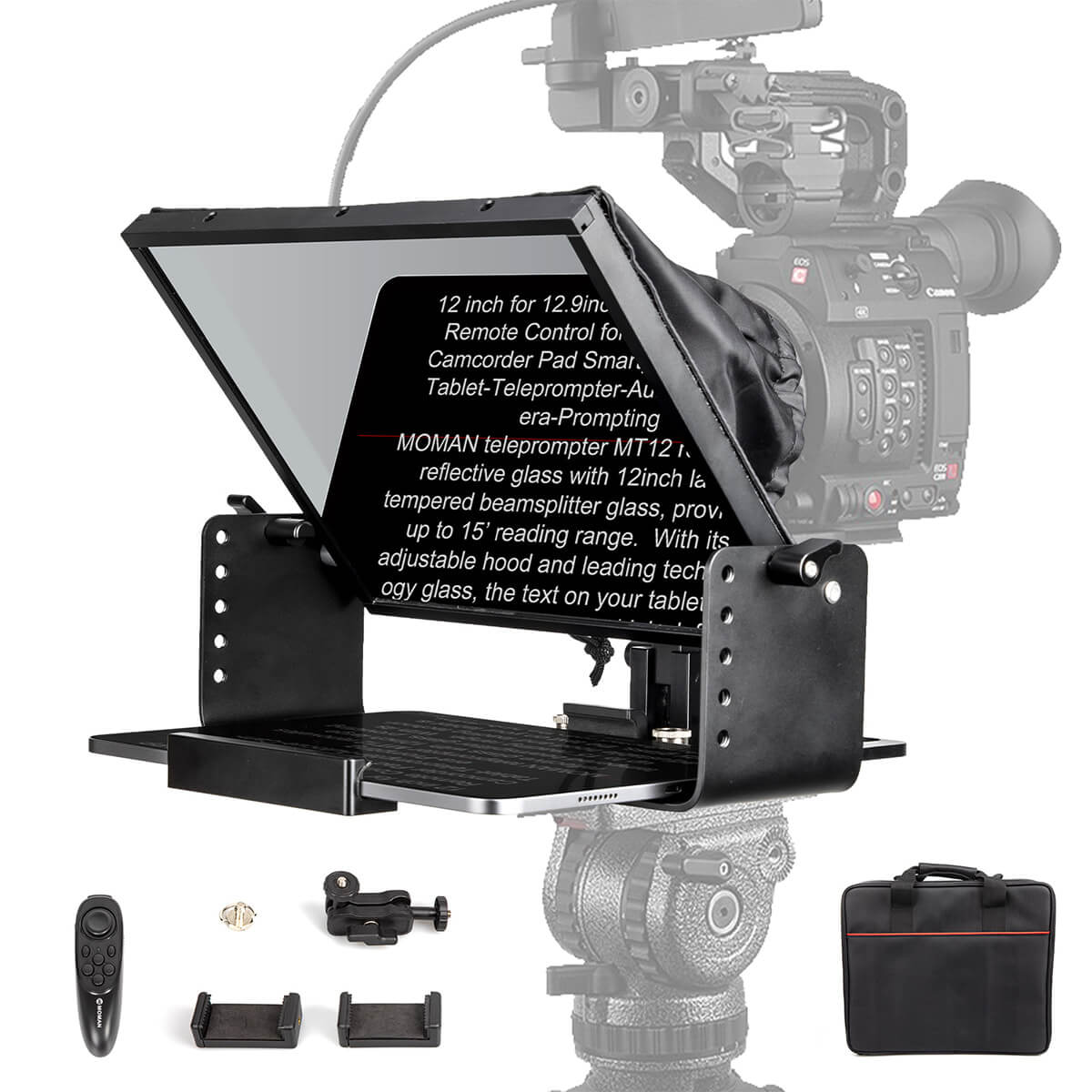 Moman MT12 professional teleprompter offers clear and wide angle display, smooth scrolling and easy remote control