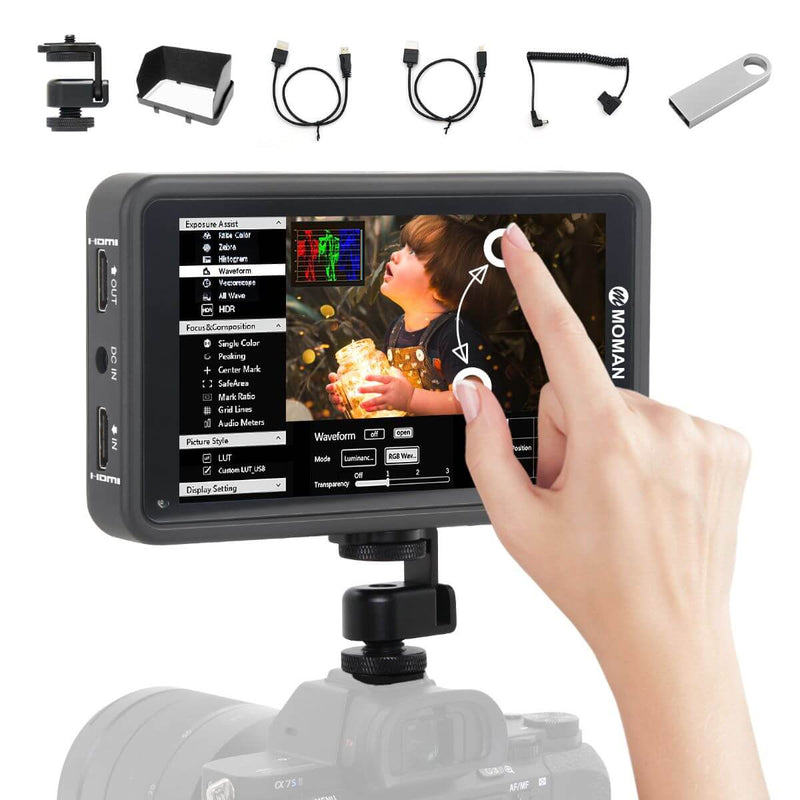 On camera monitor Moman M5 has a 5.5-inch touch screen to provide a novel solution to complete all instructions by touching