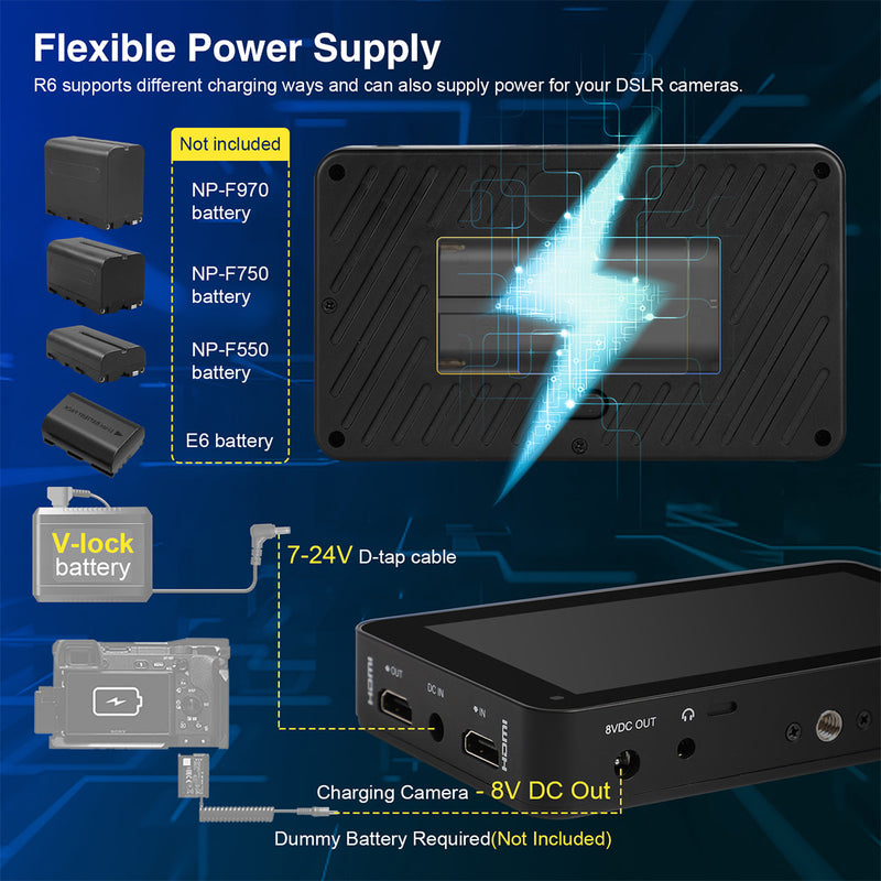 Desview R6 field monitor for video camera provides a flexible, convenient, and fast power supply