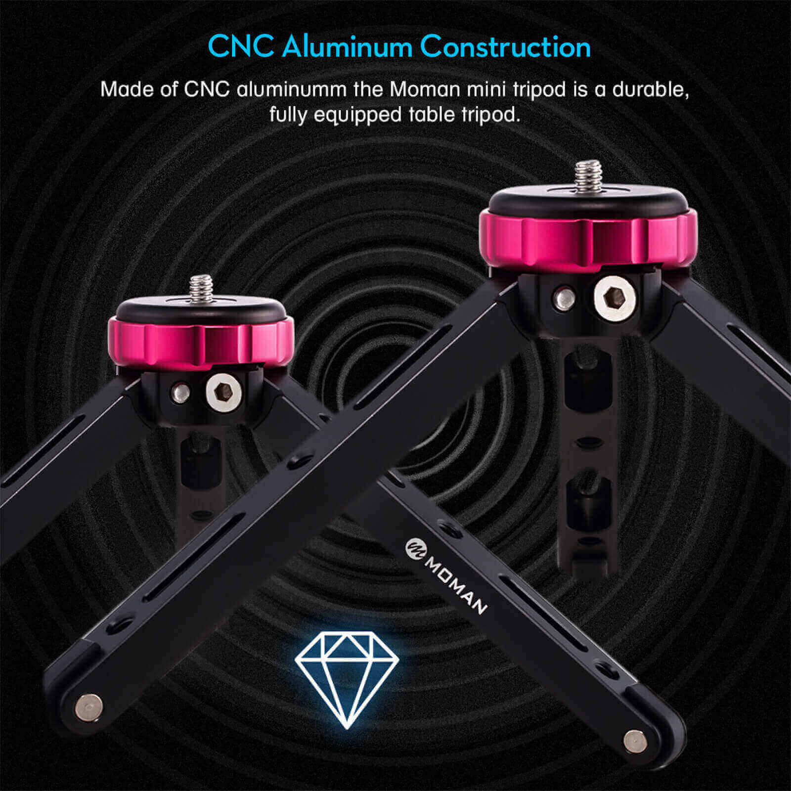 Moman TR1 mini tripod is of CNC aluminum construction, being durable and reliable