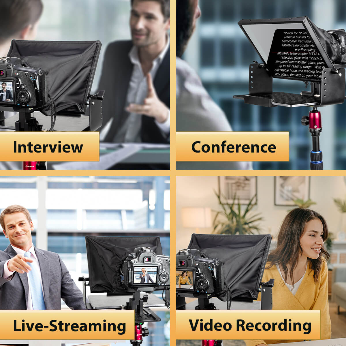 Buy professional teleprompter Moman MT12 to get adapted to activities like conferencing, game streaming, etc.