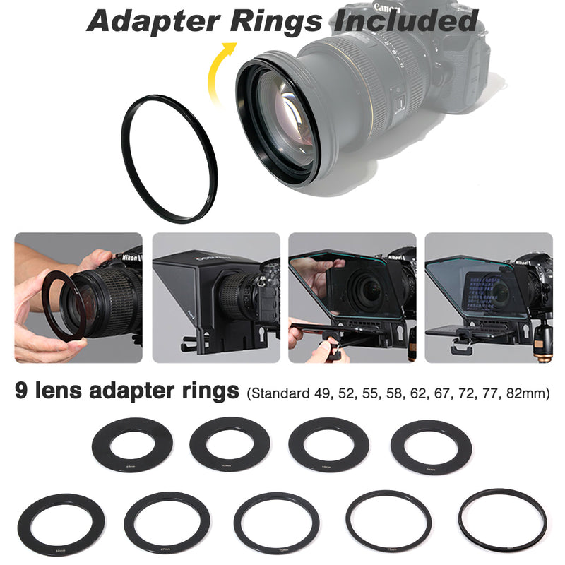 Desview T2’s package includes 9 lens adapter rings of the standard 49, 52, 55, 58, 62, 72, 77, and 82mm
