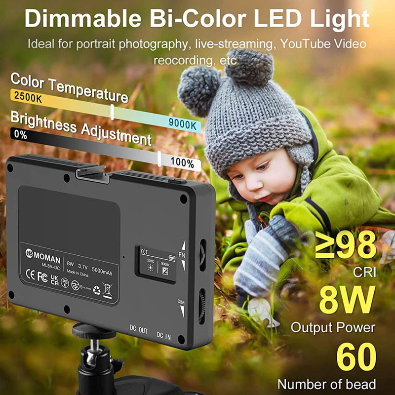 Moman ML3-D dimmable bi-color LED light has a CRI of 98+ and output power of 8w