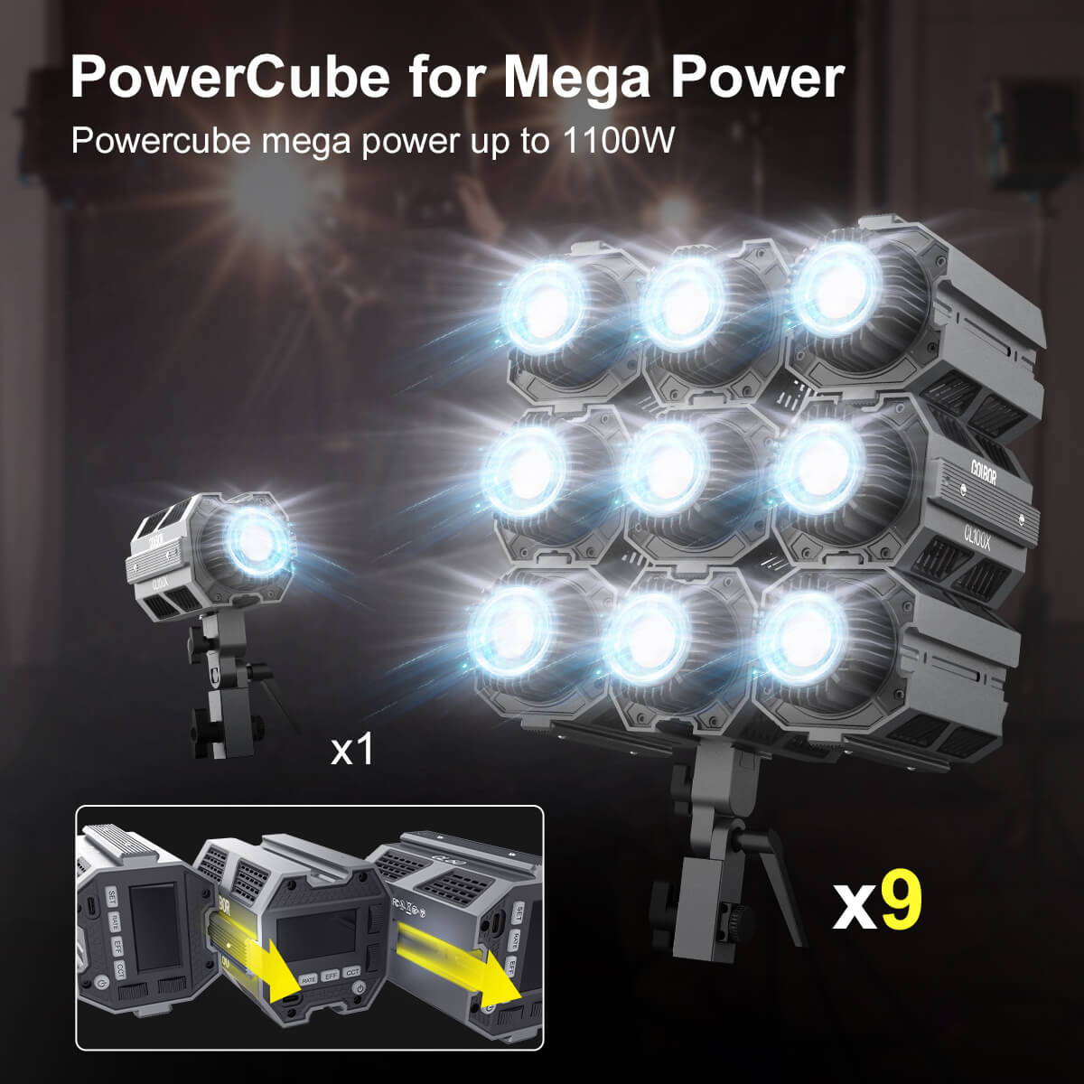How to use studio lighting outdoors COLBOR CL100X is very easy. They can be assembled into a powercube with mega output.