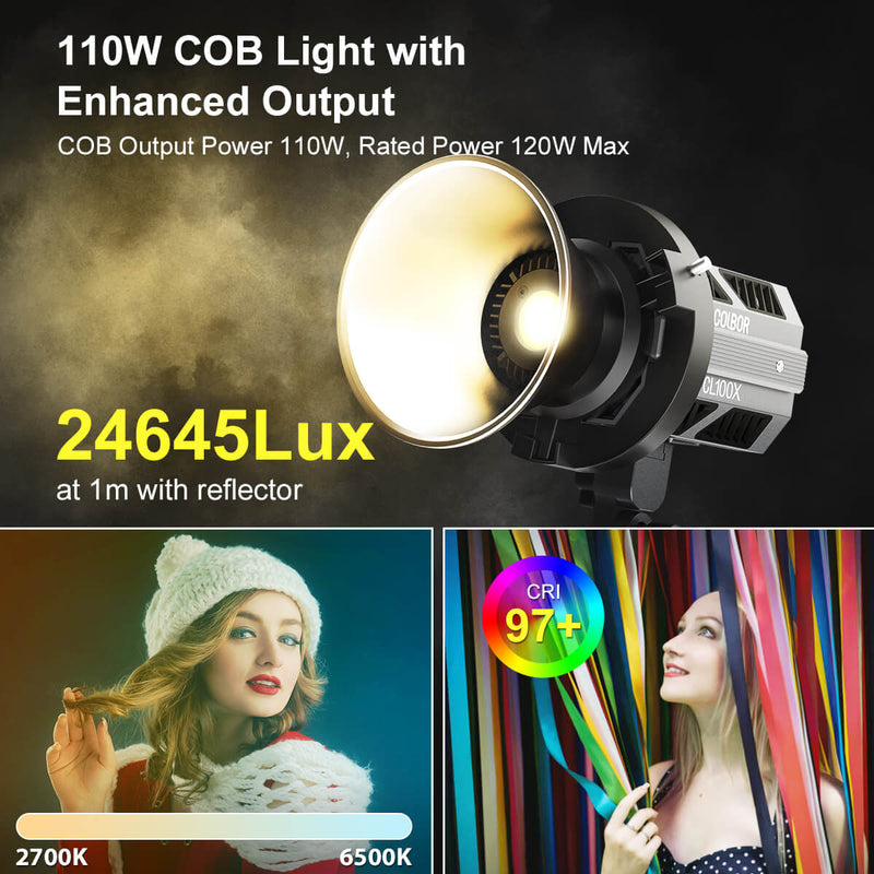 COLBOR CL100X provides 24624 lux at 1 meter with reflector. Also, it’s of bi-color temp and adjustable from 2700K to 6500K
