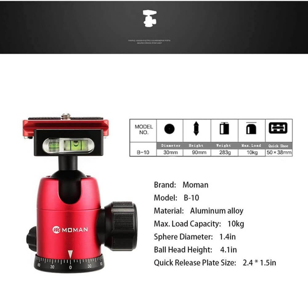 Specification of Moman BH01 display including material, max load capacity, sphere diameter, height, and quick release plate size