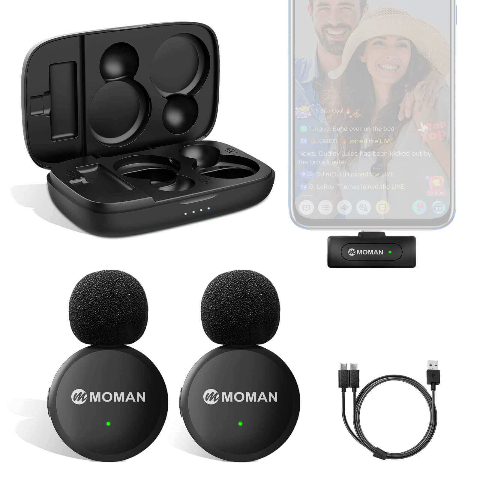 Moman CP2C wireless lapel microphone for android phone transfer rich sound for live streaming