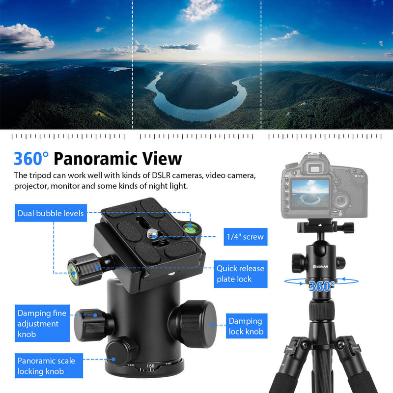 Carbon fiber camera tripod Moman CA70 with 36mm rotating damping ball head makes it achieve a 360° panoramic view