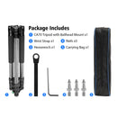 Moman CA70's package: CA70 tripod with ballhead mount, a wrist strap, three nails, a hexwrench, and a carrying bag