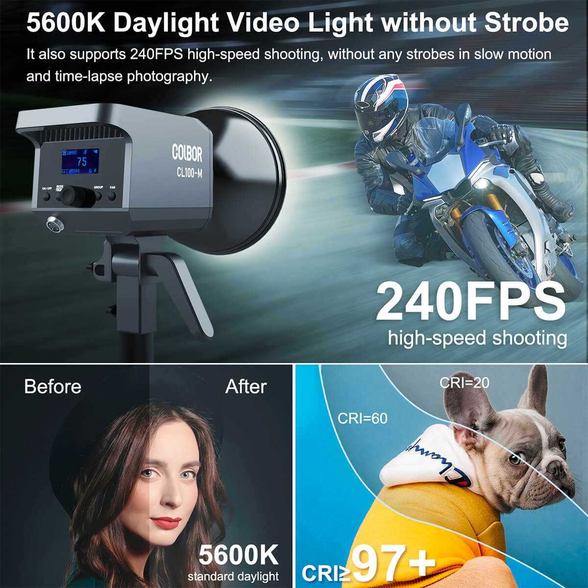 COLBOR CL100M is a 5600K video light without any strobe in slow motion and time-lapse photography