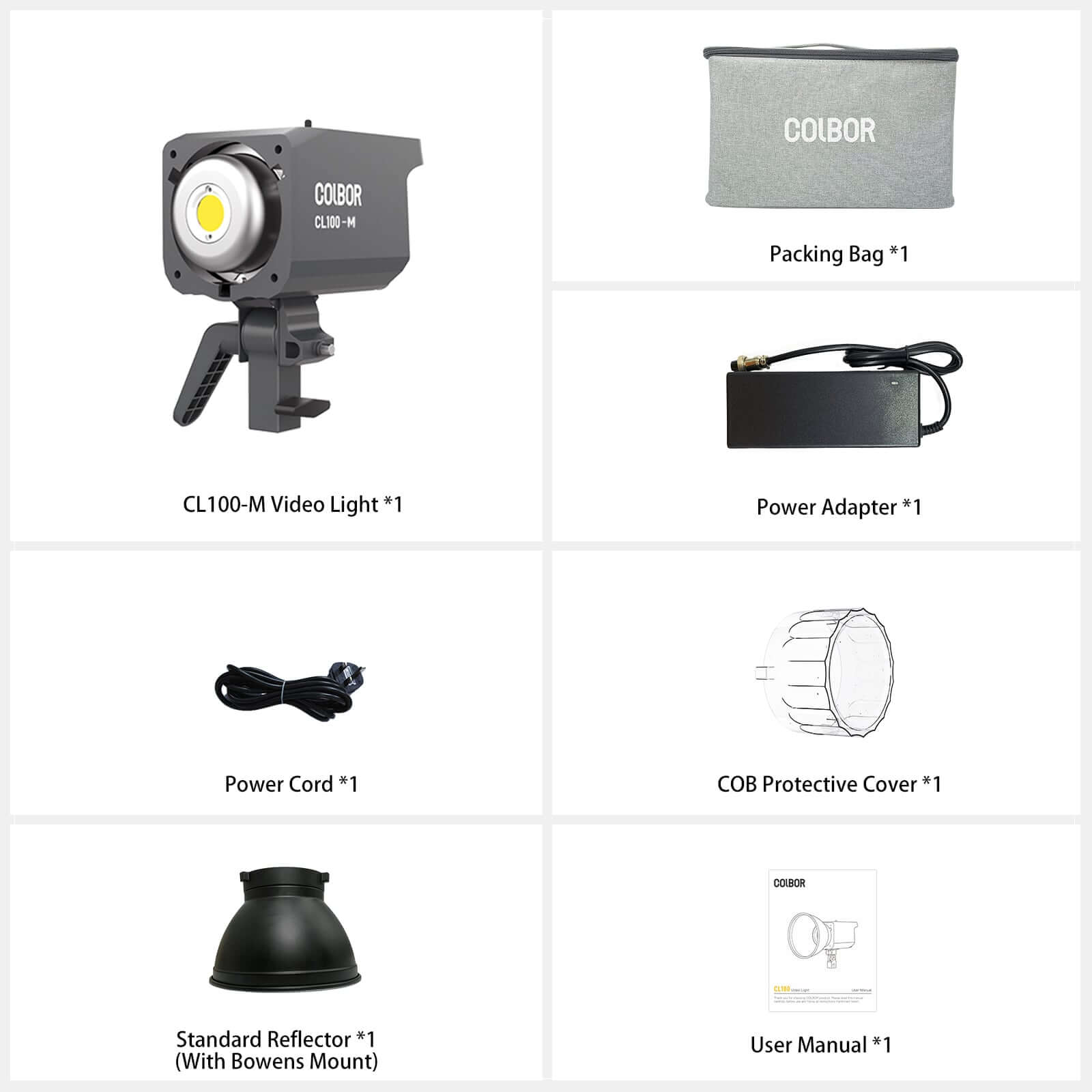 COLBOR CL100M's package includes the video light, a packing bag, a power adapter, a power cord, a COB protective cover, a standard reflector and a user manual