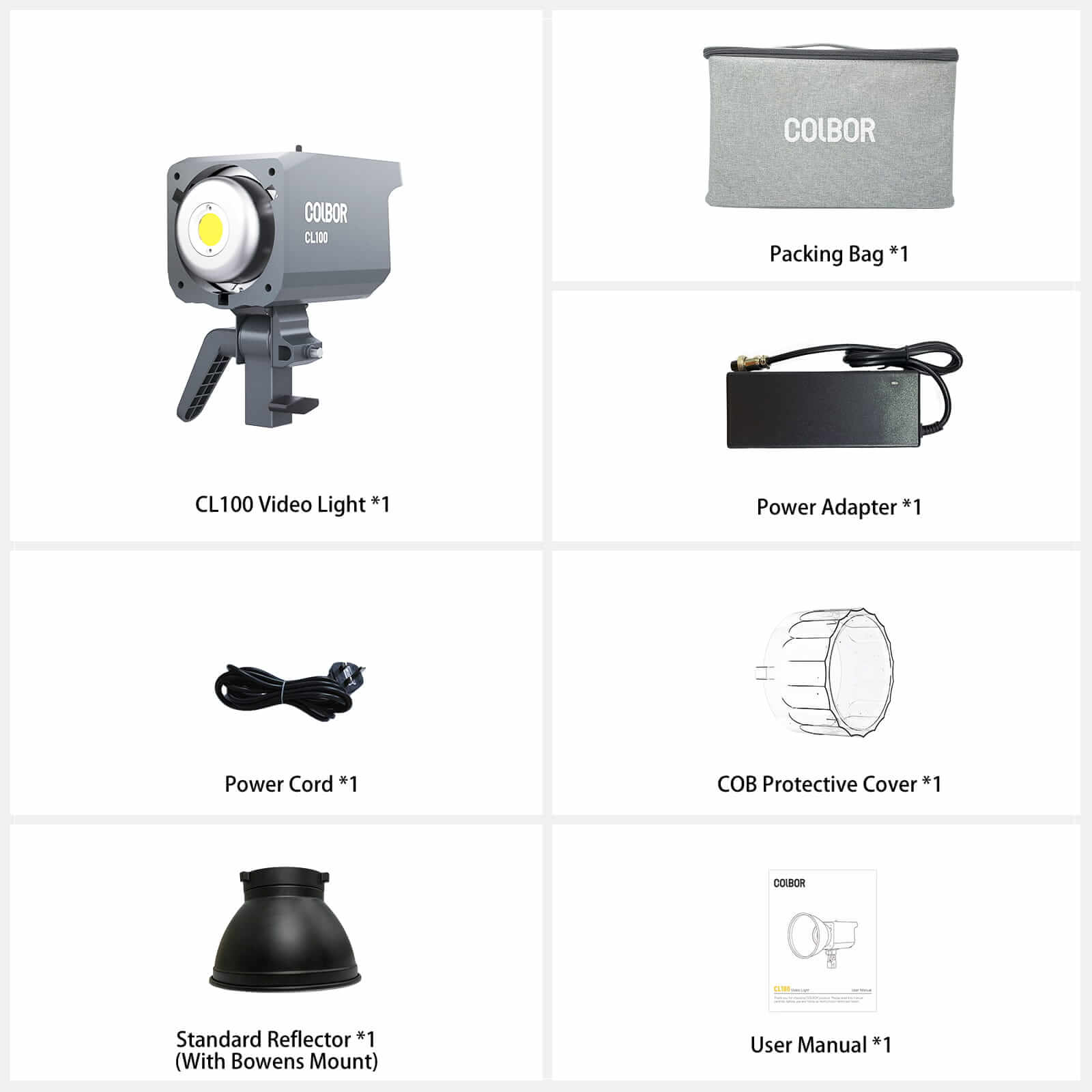 COLBOR CL100's package includes the CL100 video light, a power adapter, a power cord, a COB protective cover, a standard reflector and a packing bag