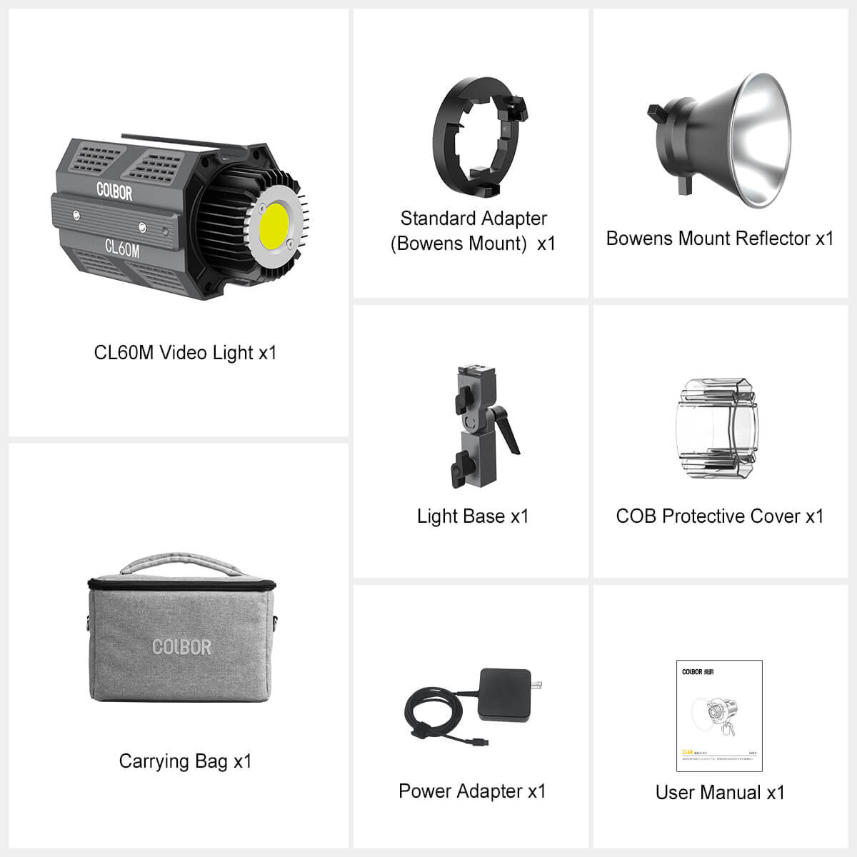 The best budget lighting kit for video mainly includes the COLBOR CL60M, a COB protective cover, a light base, a power adapter, etc.