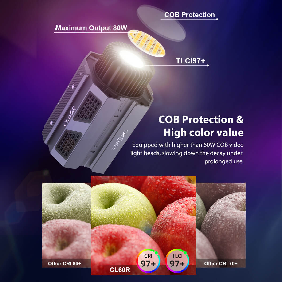 The RGB 360 color video light takes COB protection and high color value, not easy to decay even used for a long time. 