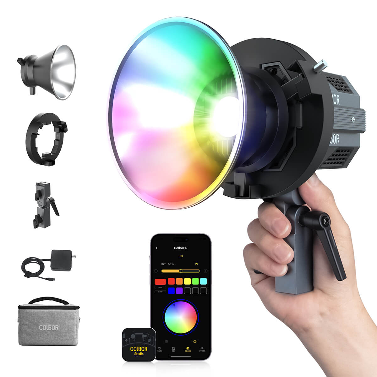 The black COLBOR CL60R RGB video light of full color has several accessories and has a App software to achieve remote control. 