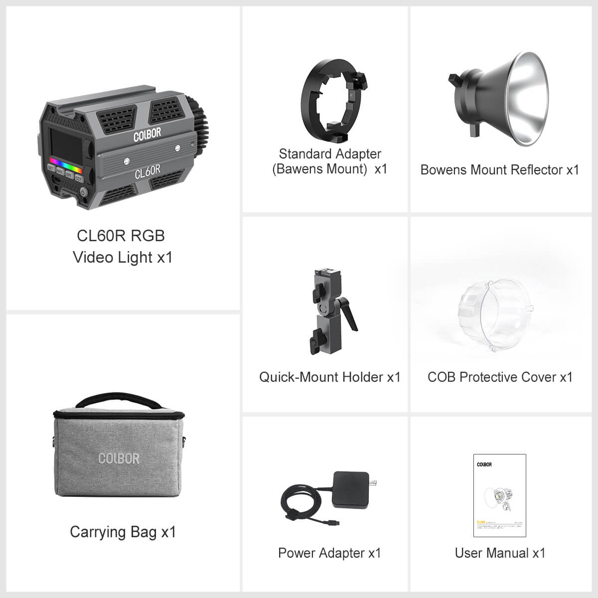 The RGB video lighting kit for sale includes a fixture, a standard adapter, a reflector, a light base, a COB protective cover, a power adapter, a user manual, and a carrying bag. 