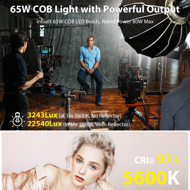 The 5600K COLBOR CL60M produces 22540Lux at 1m standard daylight with the included Bowens mount reflector