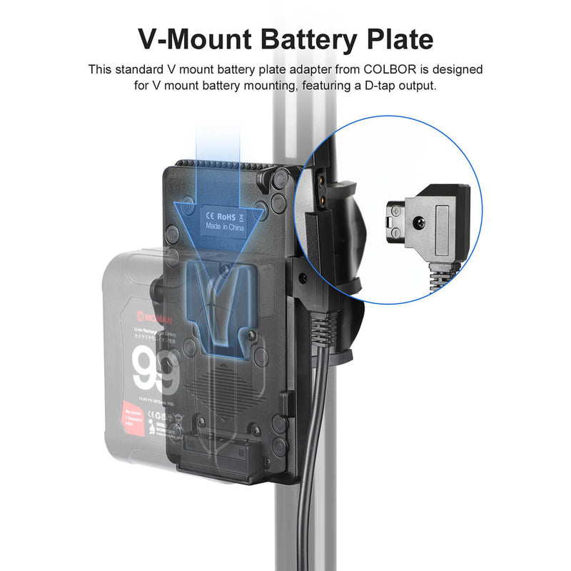 The black COLBOR VBS v lock battery mounting plate gets v lock batteries mounted and features a D-tap output to power photography devices. 