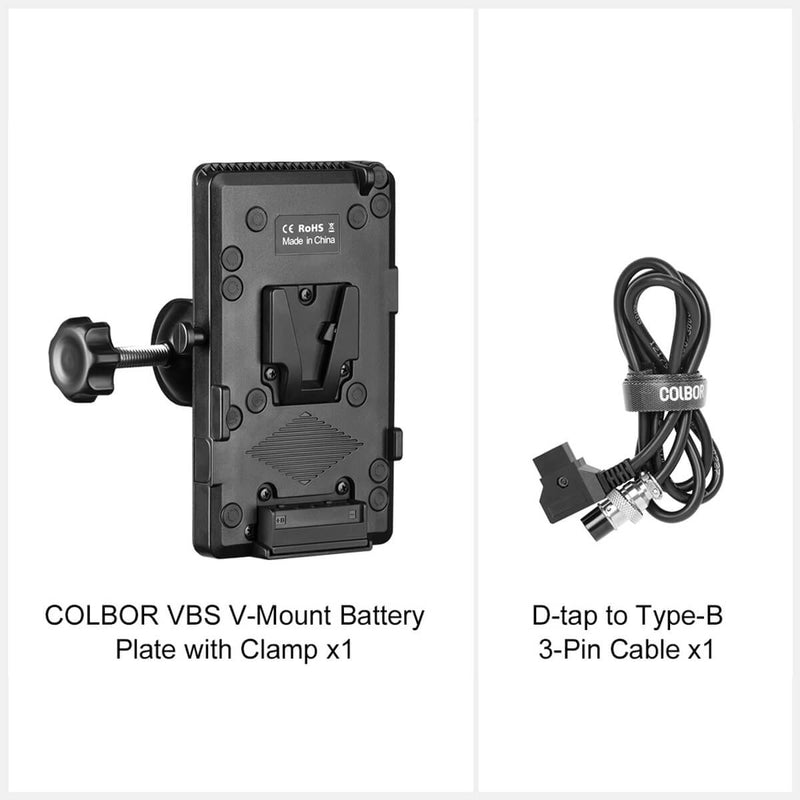 The COLBOR VBS has a package of the mini v mount battery plate with a clamp and a D-tap to Type-B 3-pin cable. 
