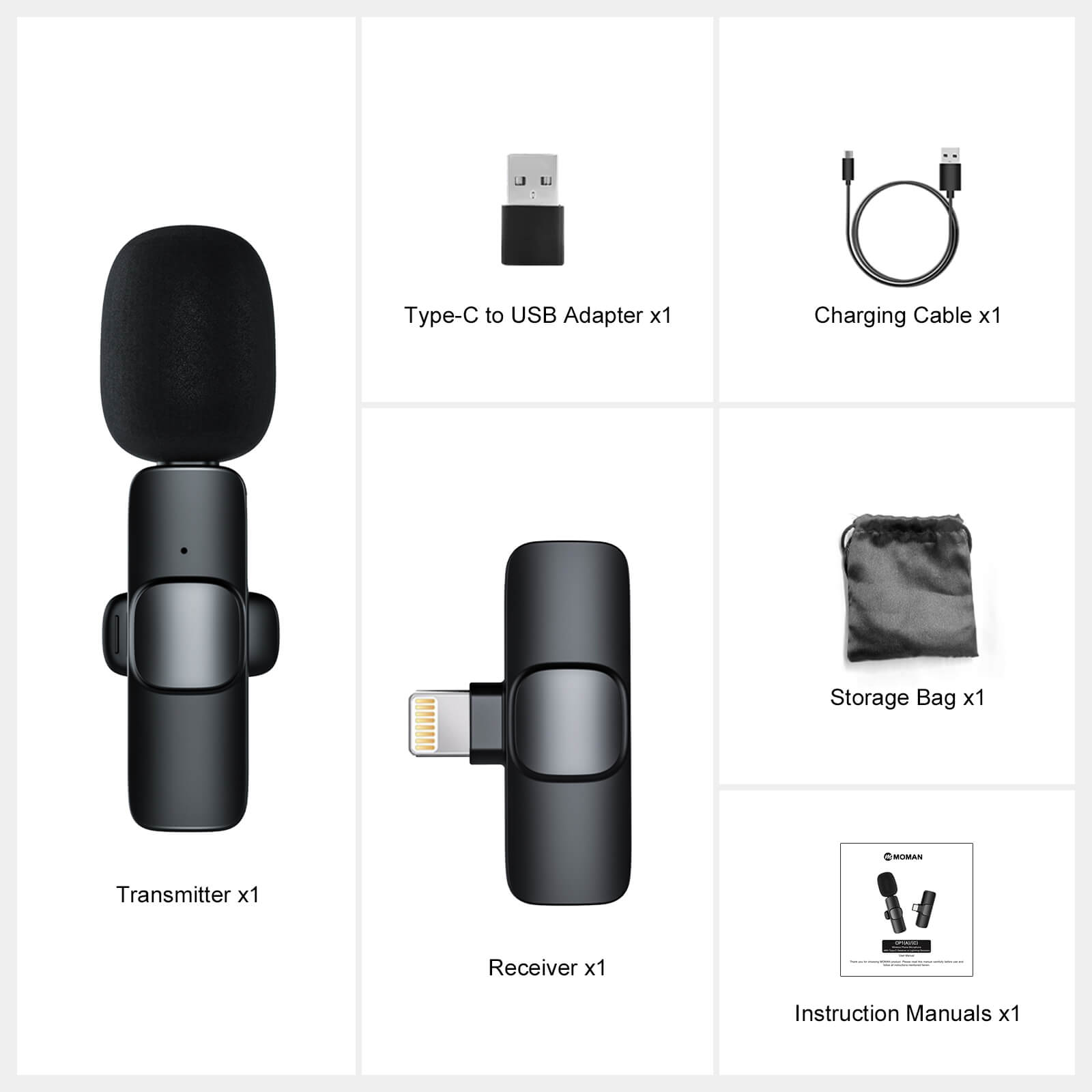 Package list of Moman CP1(A) includes transmitter and receiver, a Type-C to USB adapter, a charging cable, etc.