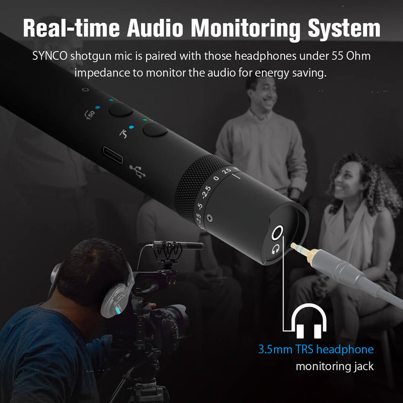 SYNCO D30, together with 3.5mm TRS headphone, offers real-time audio monitoring