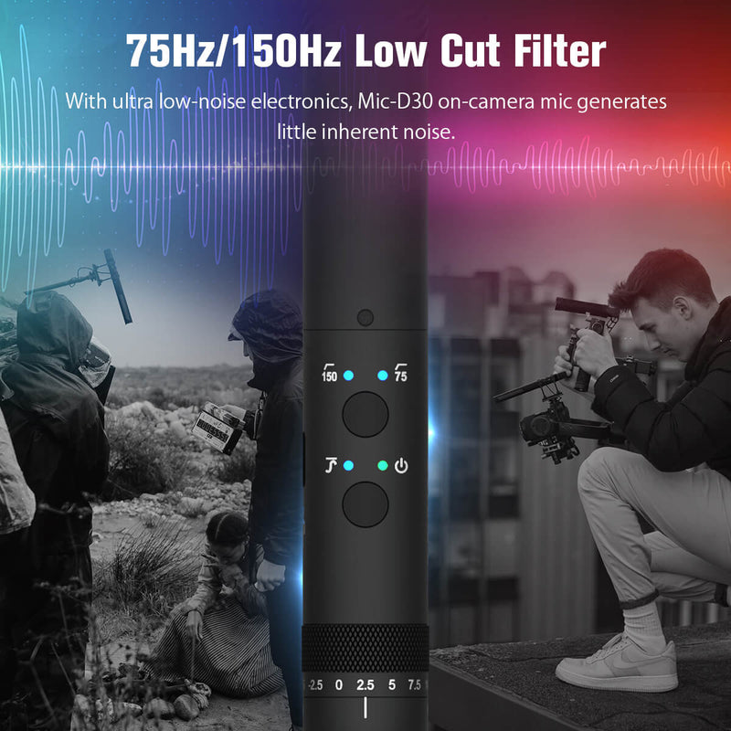Video shotgun mic SYNCO D30 can generate little inherent noise with 75Hz/150Hz low cut filter