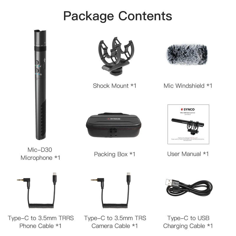 SYNCO D30's Package contents are as listed on the picture, thoughtful and professional