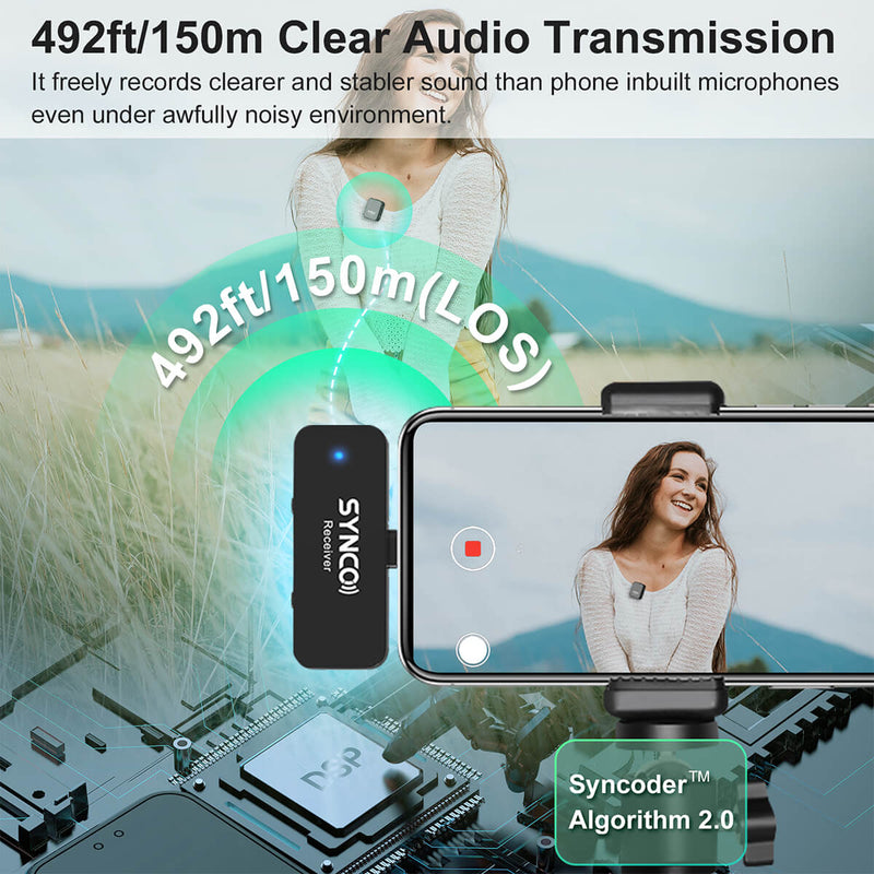 SYNCO G1L allows you to record clearer and stabler sound with its 492ft/150m strong signal transmission and Syncoder Algorithm 2.0