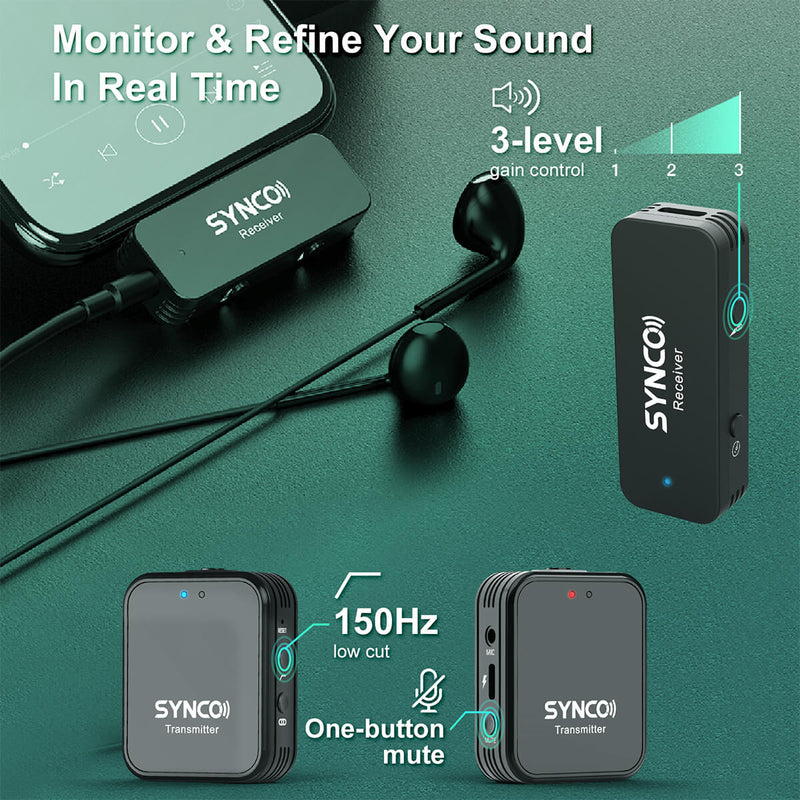 SYNCO G1L boasts real-time monitoring and adjustment to refine your sound with 3-level gain control and 150Hz low cut