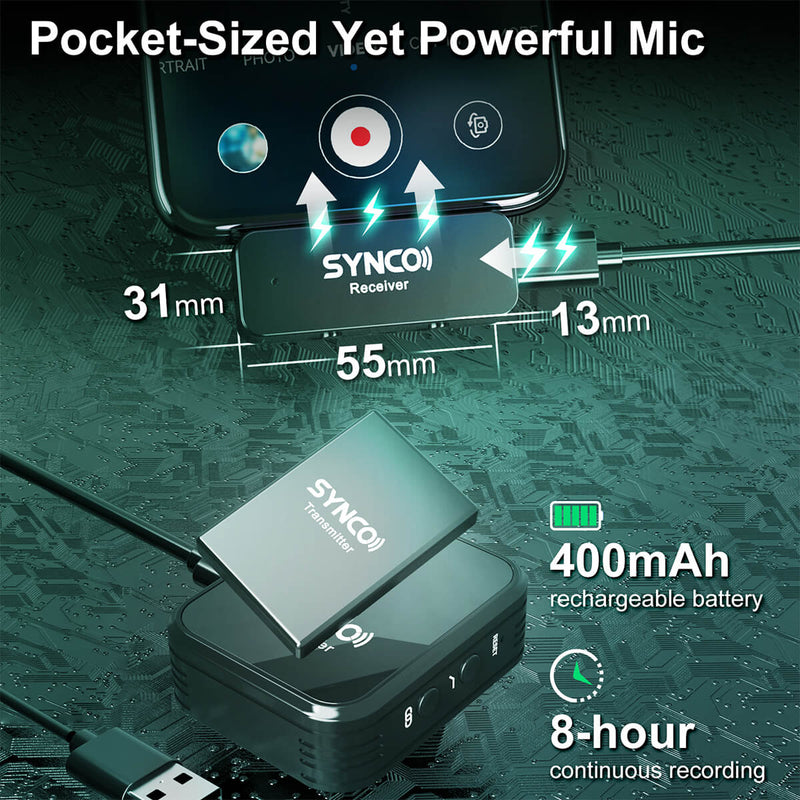 SYNCO G1L, as a compact but powerful mic, allows you to record continuously for 8 hours with 400mAh rechargeable battery