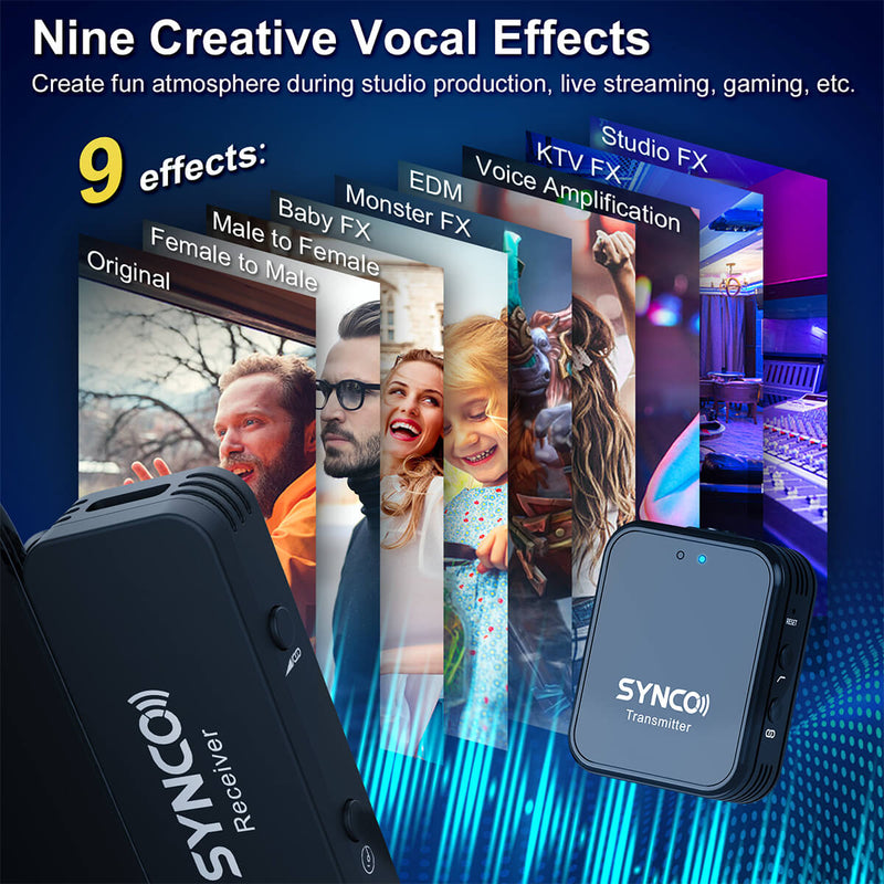 With nine imaginative voice effects, SYNCO G1T can create fun atmosphere during vlogging, live streaming, etc