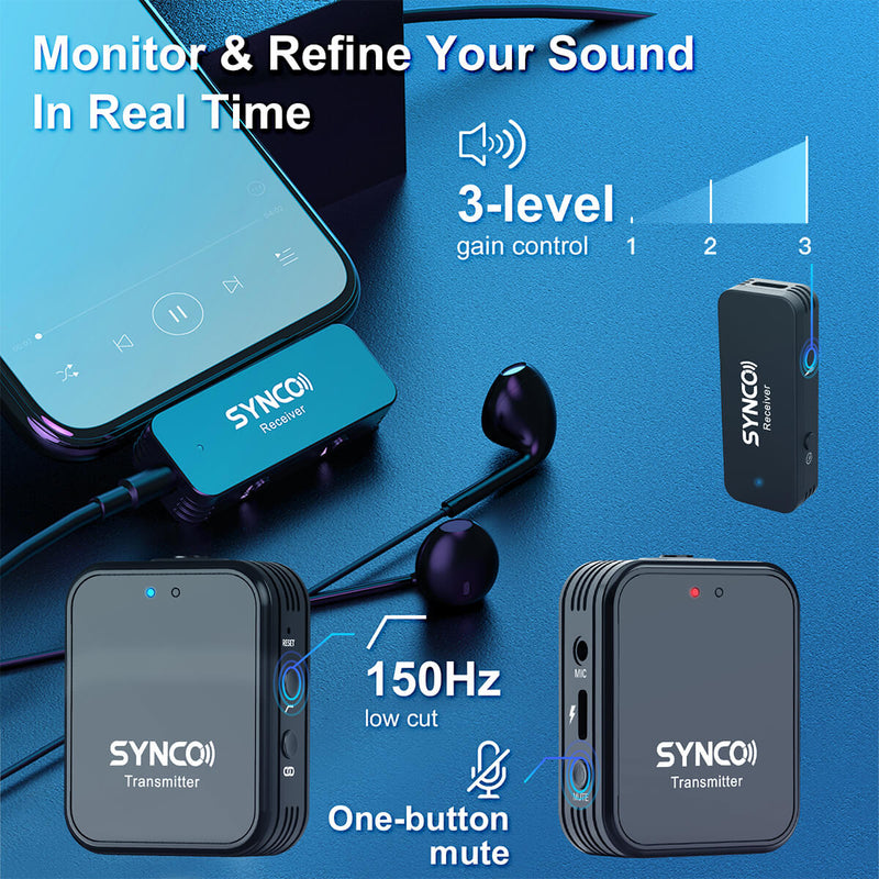 SYNCO G1T with 3-level gain control, allows you to monitor and adjust audio, and refine your sound in real time